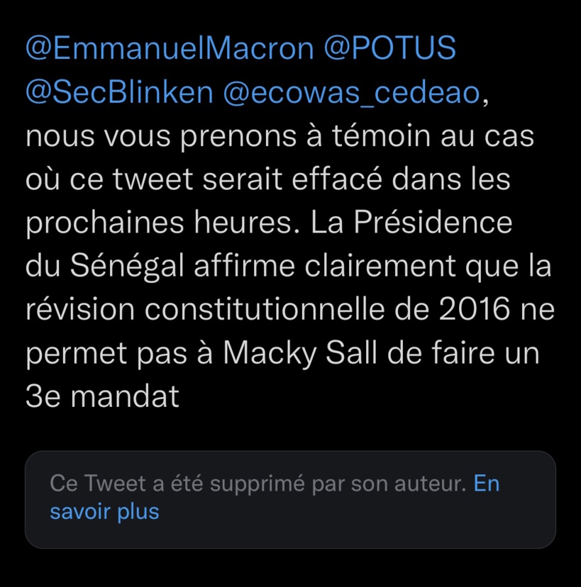 La Présidence du Sénégal a supprimé son tweet qui indiquait que Macky Sall n’a pas droit à un 3e mandat
